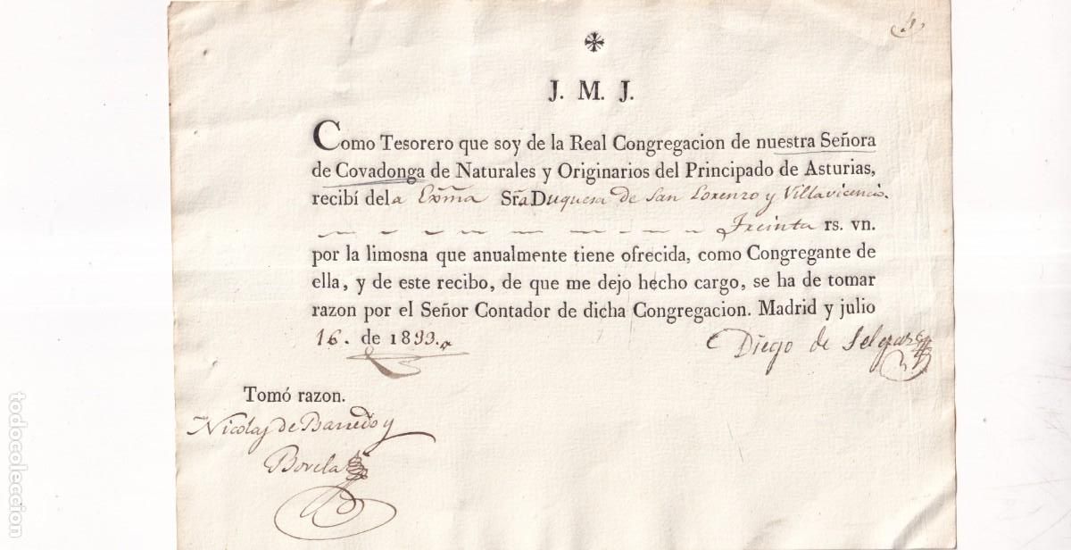 Documentos antiguos: Recibo Real Congregaci&oacute;n. Covadonga, Duquesa de San Lorenzo y Villavicencio, limosna 1899