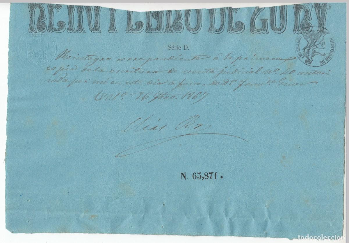 Documentos antiguos: 1867 PAPEL PAGOS ESTADO PARA REINTEGROS SELLO FISCAL DE 20 REALES ISABEL II. PAPEL AZUL