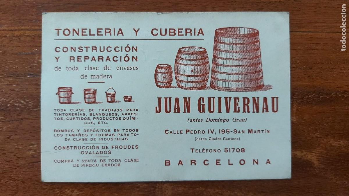 Documentos antiguos: TARJETA DE VISITA - TONELER&Iacute;A Y CUBER&Iacute;A JUAN GUIVERNAU (antes Domingo Grau )- SAN MARTIN ( BARCELONA