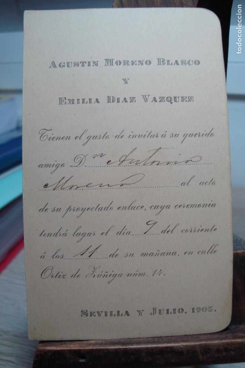 Documentos antiguos: TARJETA INVITACION ENLACE MATRIMONIAL. AGUSTIN MORENO BLASCO-EMILIA DIAZ VAZQUEZ. SEVILLA 1905