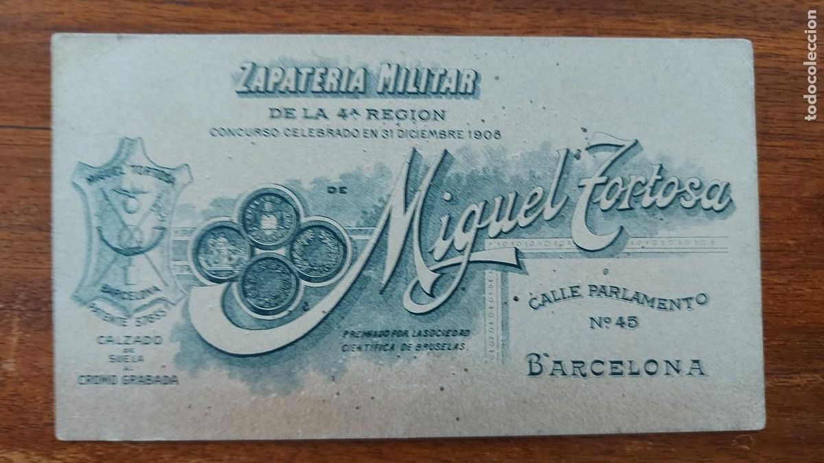Documentos antiguos: TARJETA DE VISITA - ZAPATER&Iacute;A MILITAR DE LA 4a REGI&Oacute;N - MIGUEL TORTOSA - C/ PARLAMENTO 45 BARCELONA