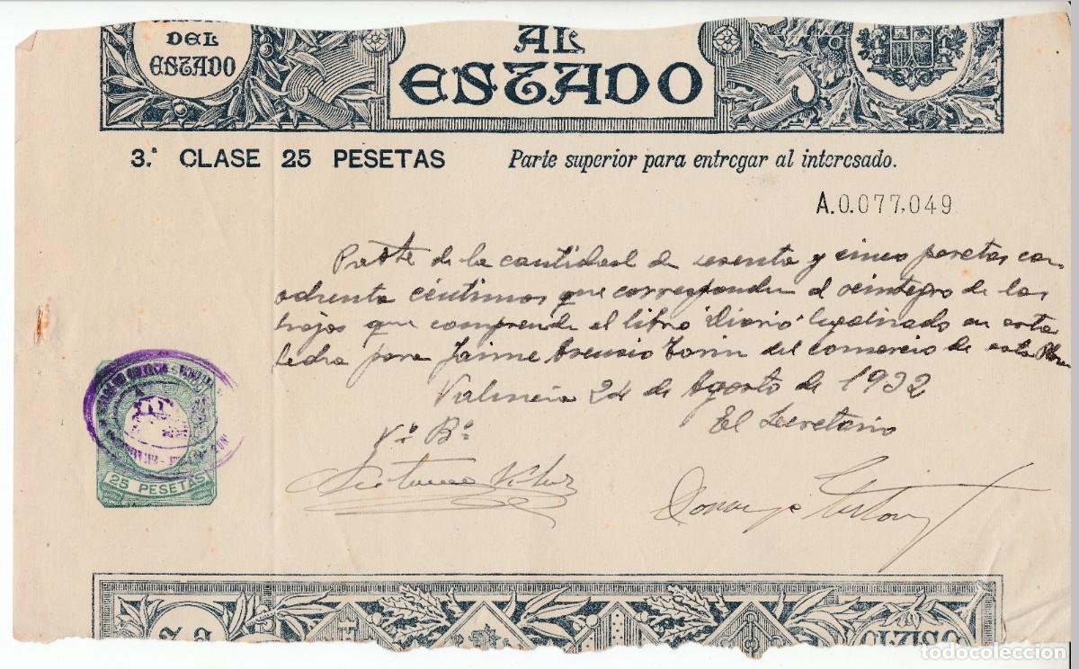 Documentos antiguos: 1932 PAPEL DE PAGOS AL ESTADO SELLO FISCAL CLASE 3 DE 25 PTS REPUBLICA ESPA&Ntilde;OLA