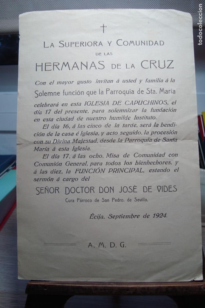 Documentos antiguos: INVITACION SUPERIORA HERMANAS DE LA CRUZ. IGLESIA CAPUCHINOS ECIJA 1924. DR. JOSE DE VIDES