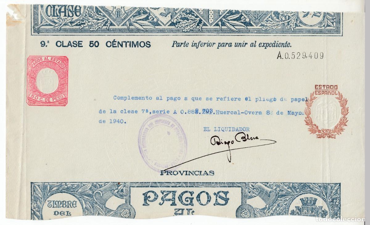 Documentos antiguos: 1940 PAPEL DE PAGOS AL ESTADO SELLO FISCAL CLASE 9 DE 50 C REPUBLICA ESPA&Ntilde;OLA RESELLO ESTADO ESPA&Ntilde;OL