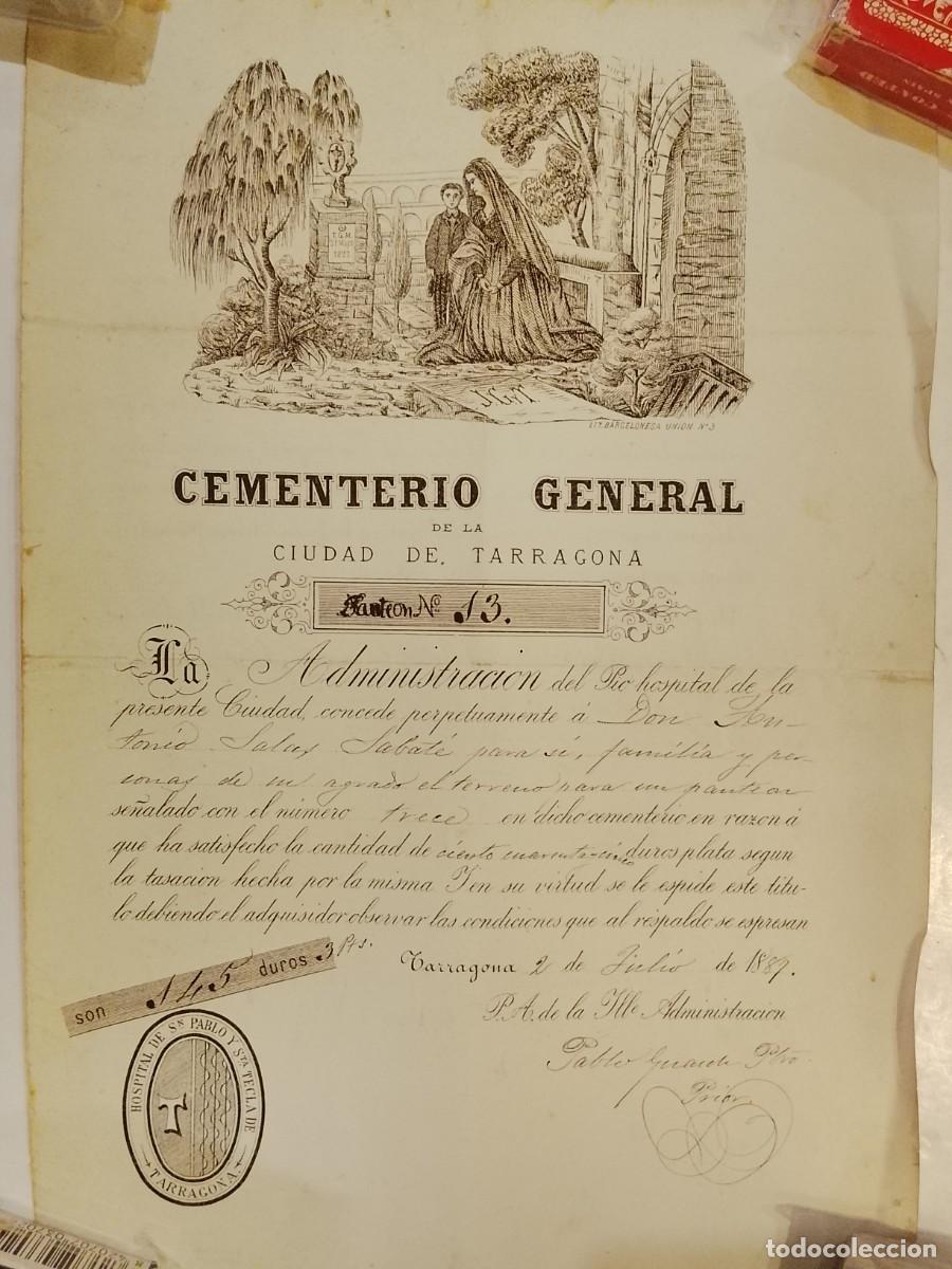 Documentos antiguos: CEMENTERIO GENERAL DE TARRAGONA -A&Ntilde;O 1887-DOCUMENTO FIRMADO ANTIGUO-HOSPITAL SAN PABLO Y SANTA TECLA