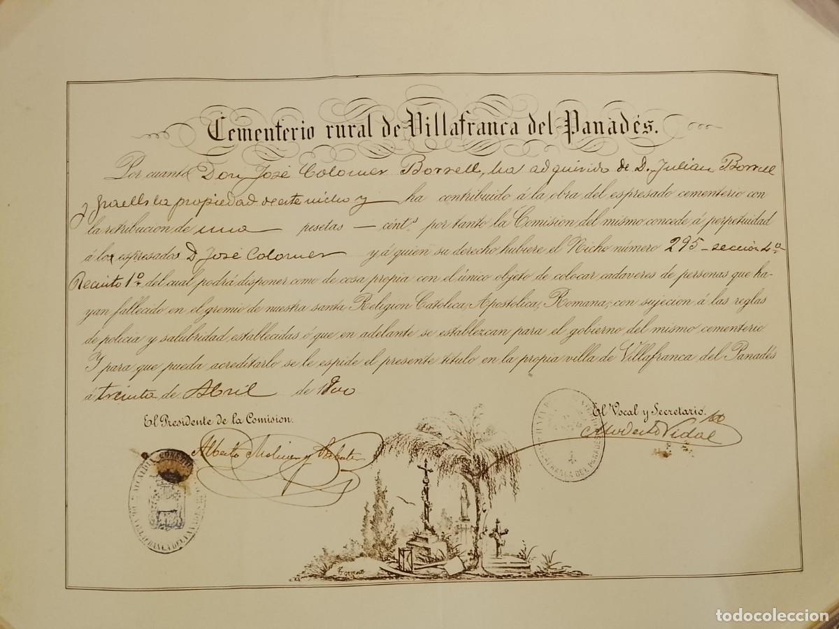 Documentos antiguos: VILAFRANCA - CEMENTERIO RURAL DE VILLAFRANCA DEL PENEDES - A&Ntilde;O 1900 - DOCUMENTO FIRMADO Y SELLADO