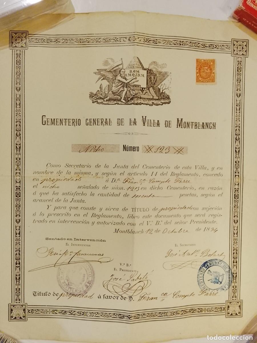 Documentos antiguos: MONTBLANC - CEMENTERIO GENERAL DE LA VILLA DE MONTBLANCH - A&Ntilde;O 1894 - DOCUMENTO FIRMADO Y SELLADO