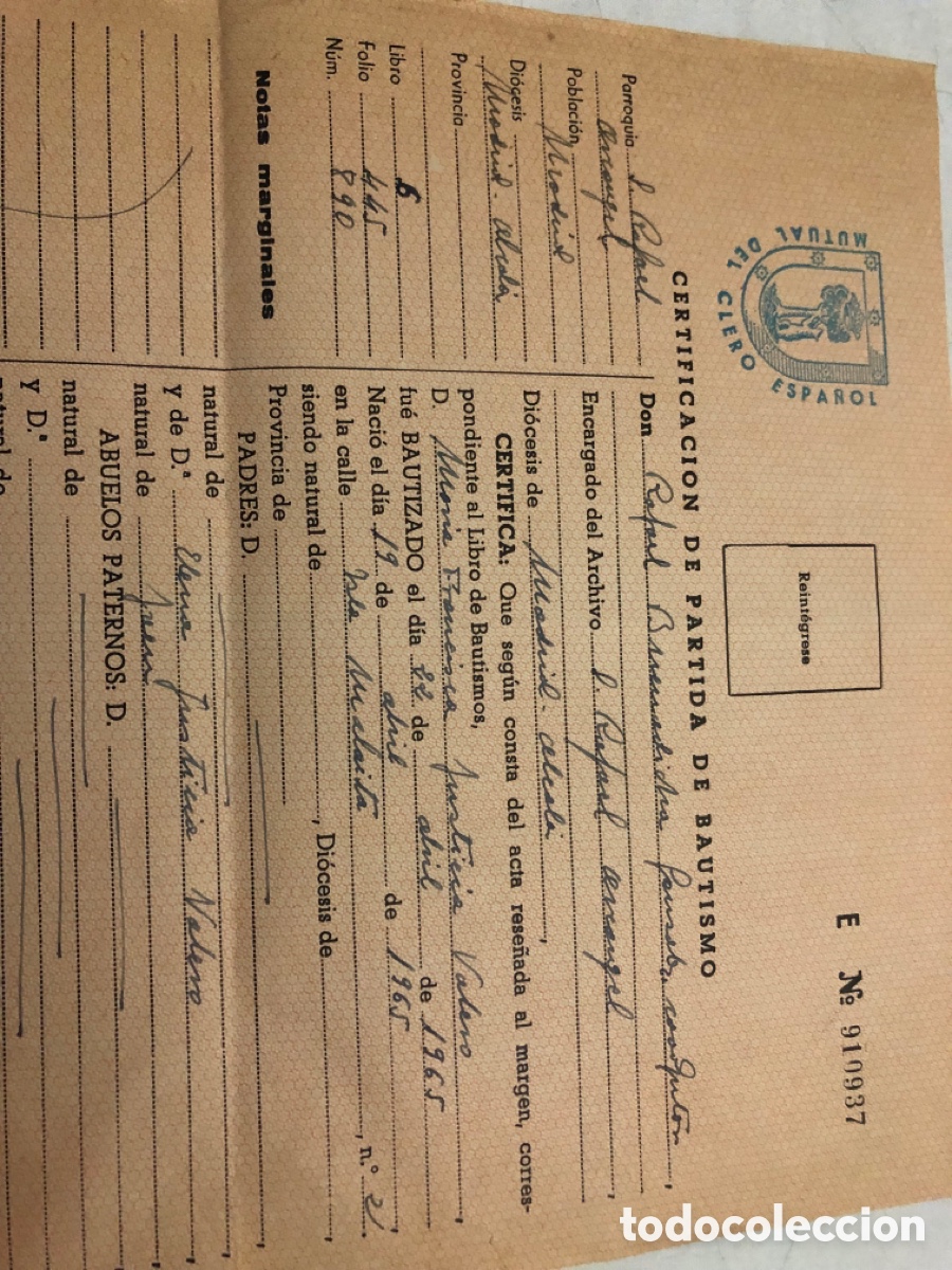 Documentos antiguos: Certificado de Partida de Bautismo - Foto 4