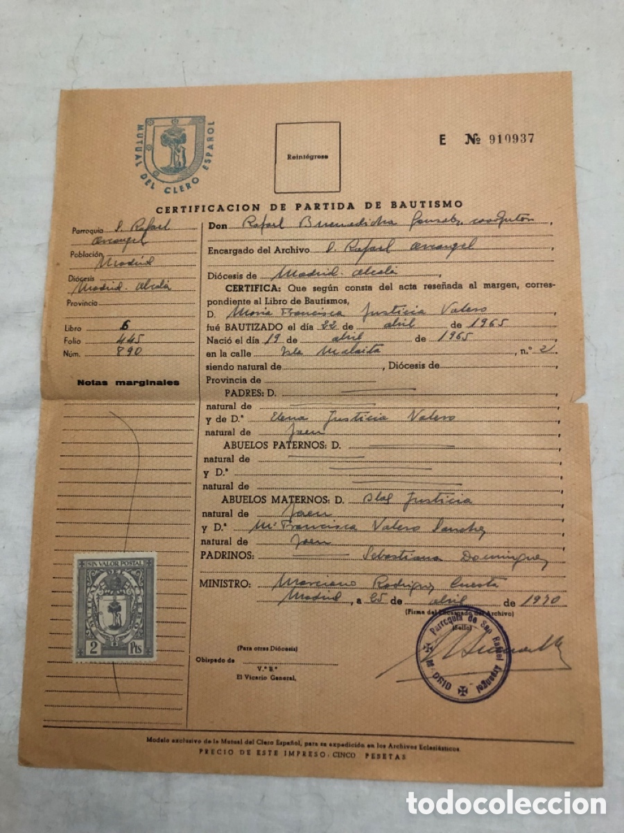 Documentos antiguos: Certificado de Partida de Bautismo - Foto 1