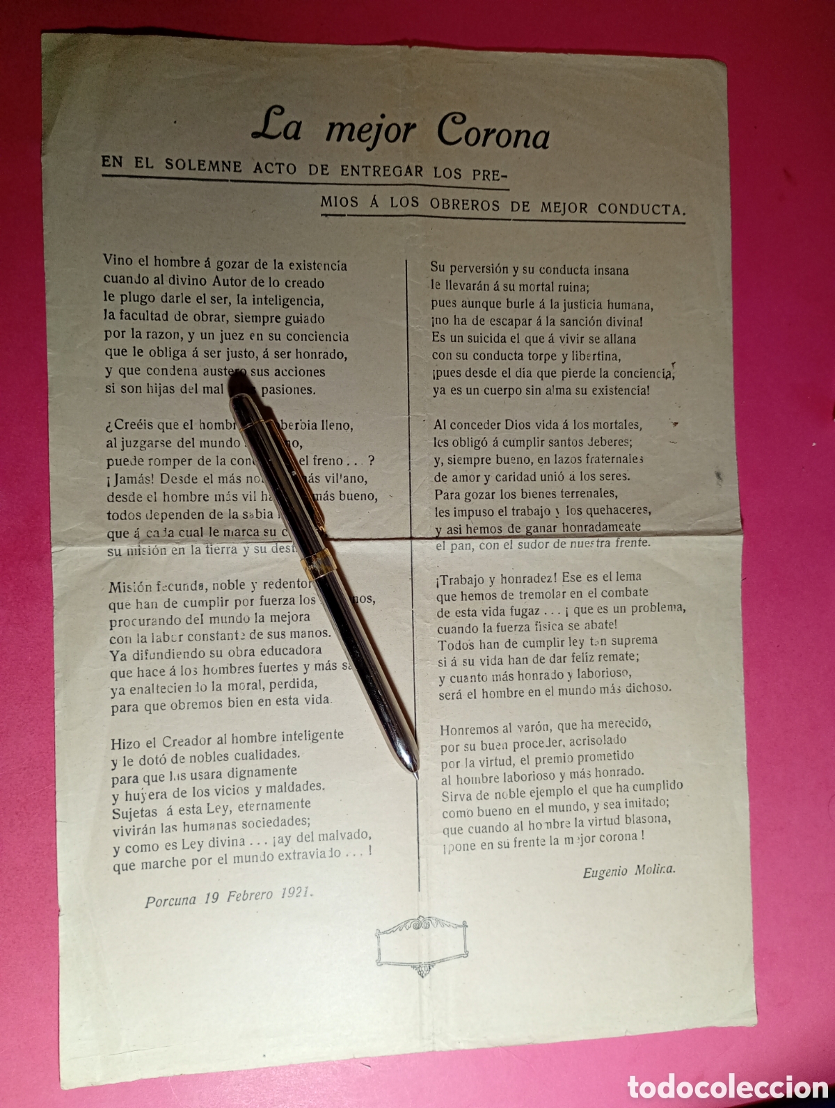 Documentos antiguos: PORCUNA 19/2 1921 LA MEJOR CORONA PREMIOS A LOS OBREROS DE MEJOR CONDUCTA POR EUGENIO MOLINA