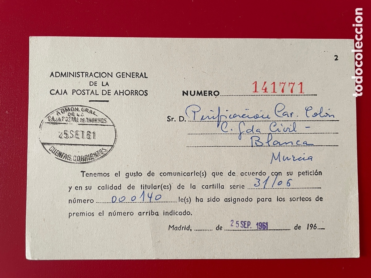 Documentos antiguos: Tarjeta con n&uacute;meros, sorteo. Guardia civil. Blanca. Murcia. 1961.