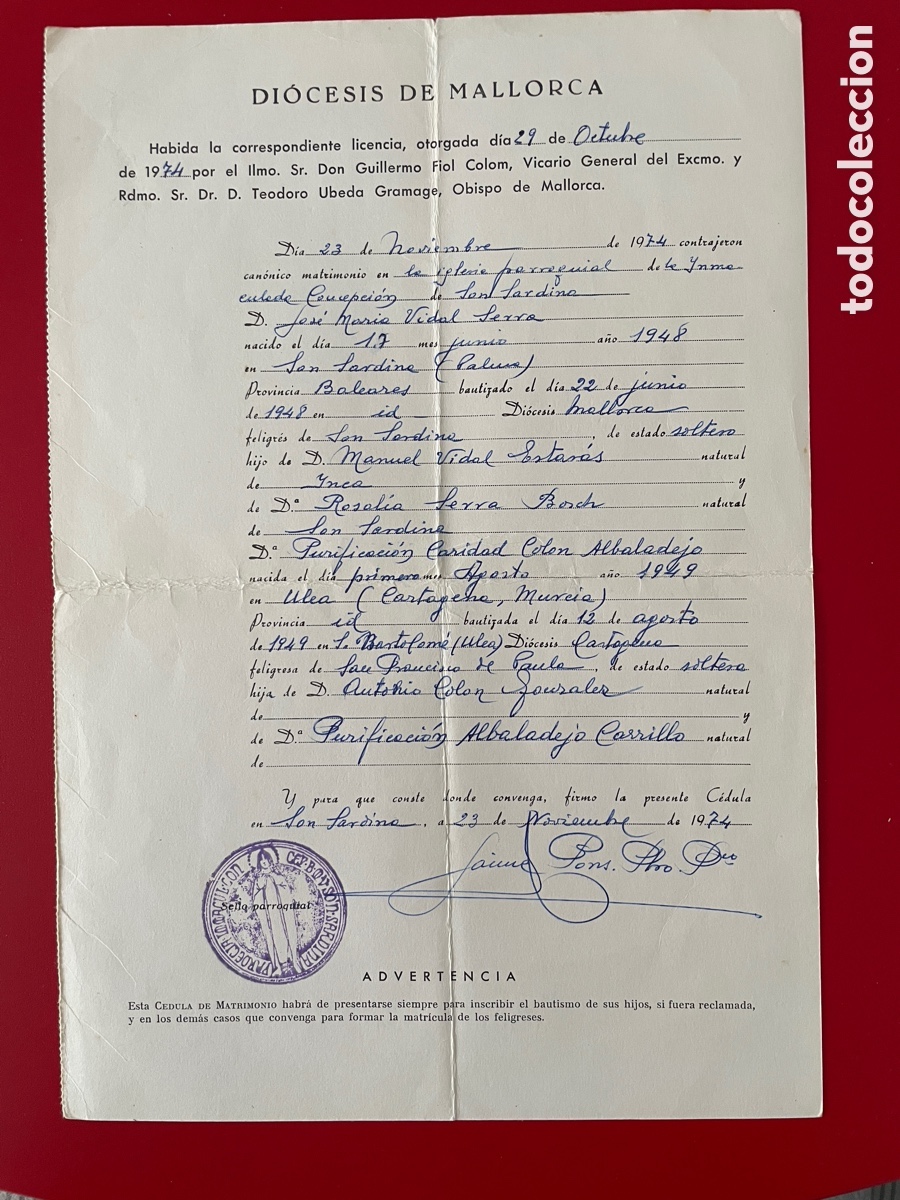 Documentos antiguos: Certificado matrimonio. Di&oacute;cesis de Mallorca. Son Sardina. 1974.