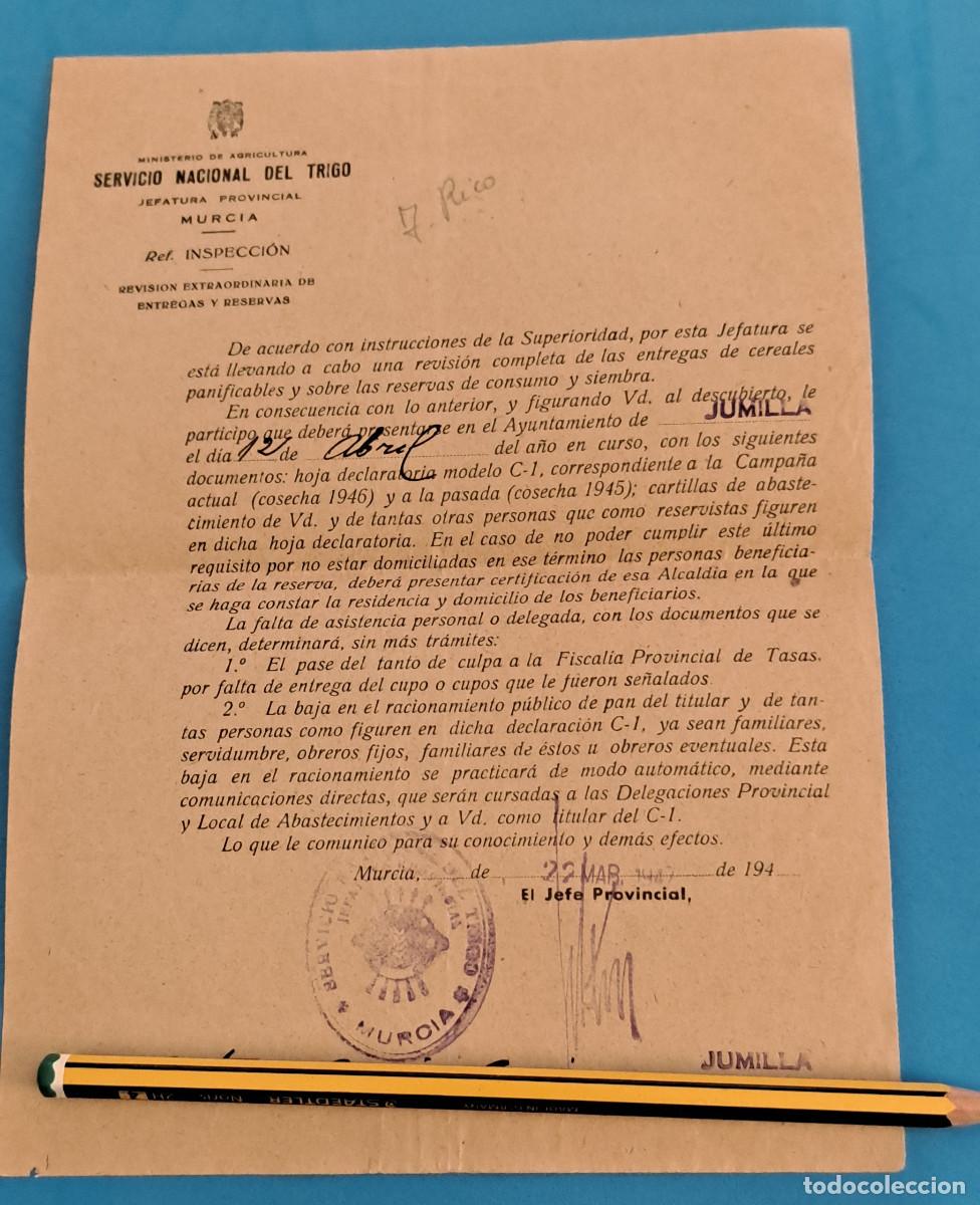 Documentos antiguos: JUMILLA ( Murcia ) - SERVICIO NACIONAL DEL TRIGO - INSPECCI&Oacute;N - 22 de Marzo de 1947