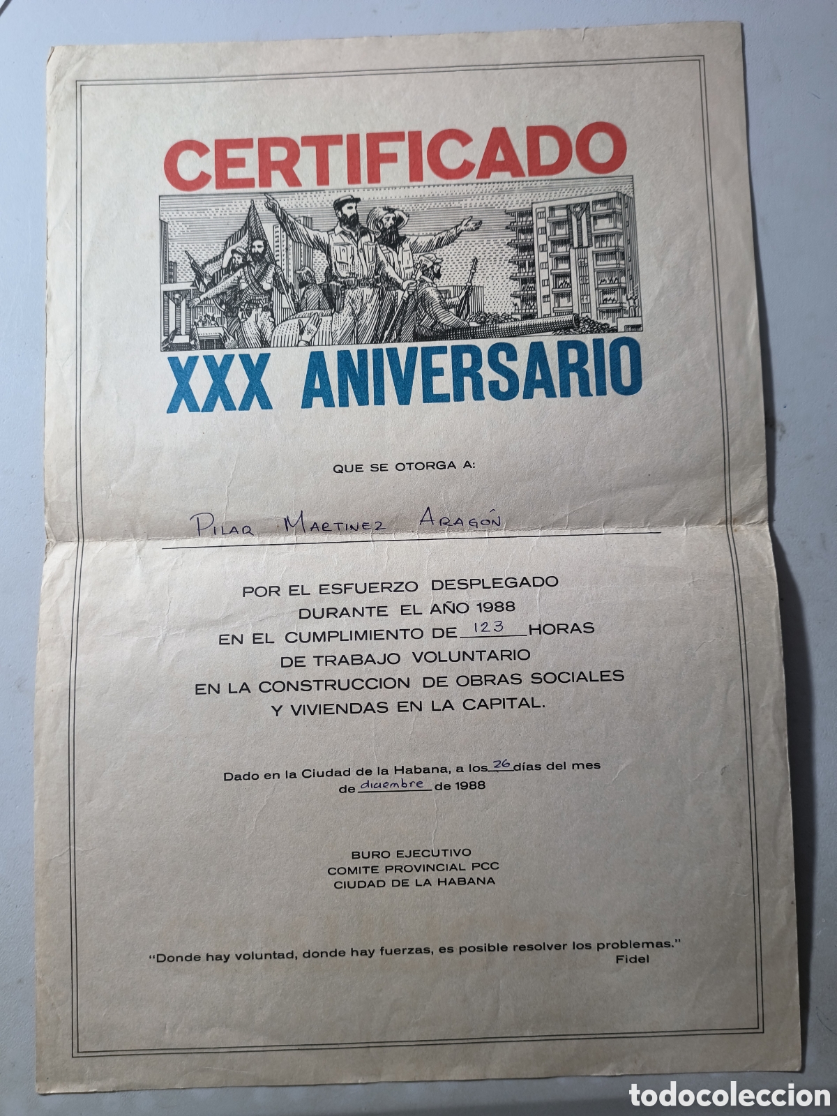 Documentos antiguos: Cuba, certificado XXX aniversario revoluci&oacute;n,a&ntilde;o 1988