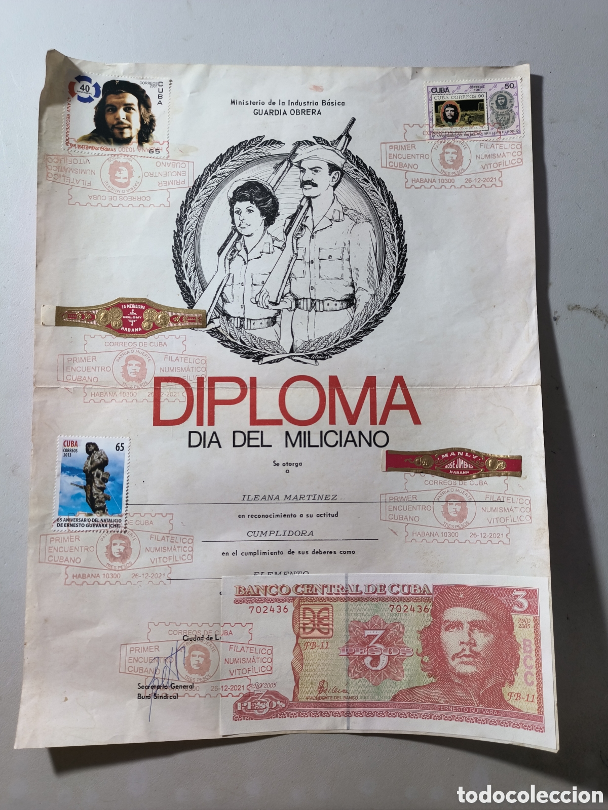 Documentos antiguos: Cuba,diploma del d&iacute;a del miliciano , cancelaci&oacute;n especial.