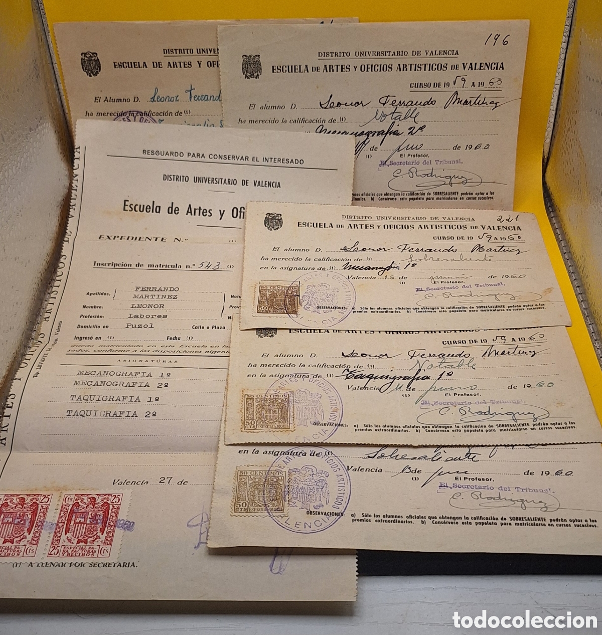 Documentos antiguos: Matr&iacute;cula - Notas Taquigraf&iacute;a Mecanograf&iacute;a Escuela Artes y Oficios Art&iacute;sticos - Valencia - A&ntilde;os 60 -