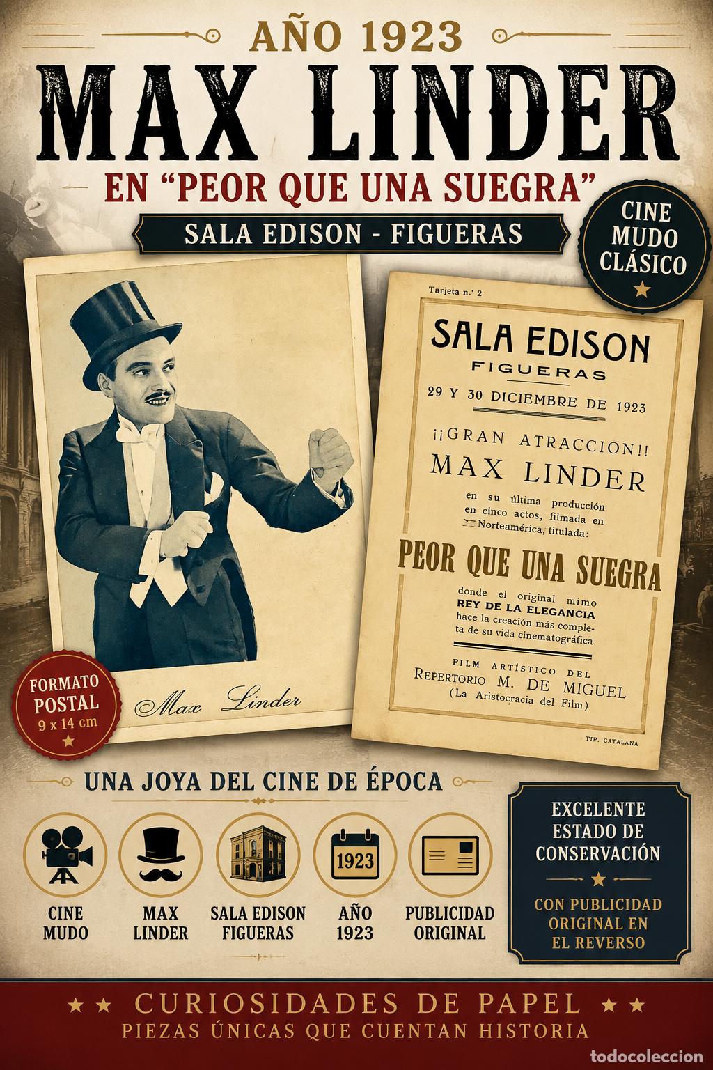 Documentos antiguos: A&Ntilde;O 1923 / MAX LINDER / SALA EDISON FIGUERAS / &lsquo;PEOR QUE UNA SUEGRA&rsquo; / POSTAL PUBLICITARIA