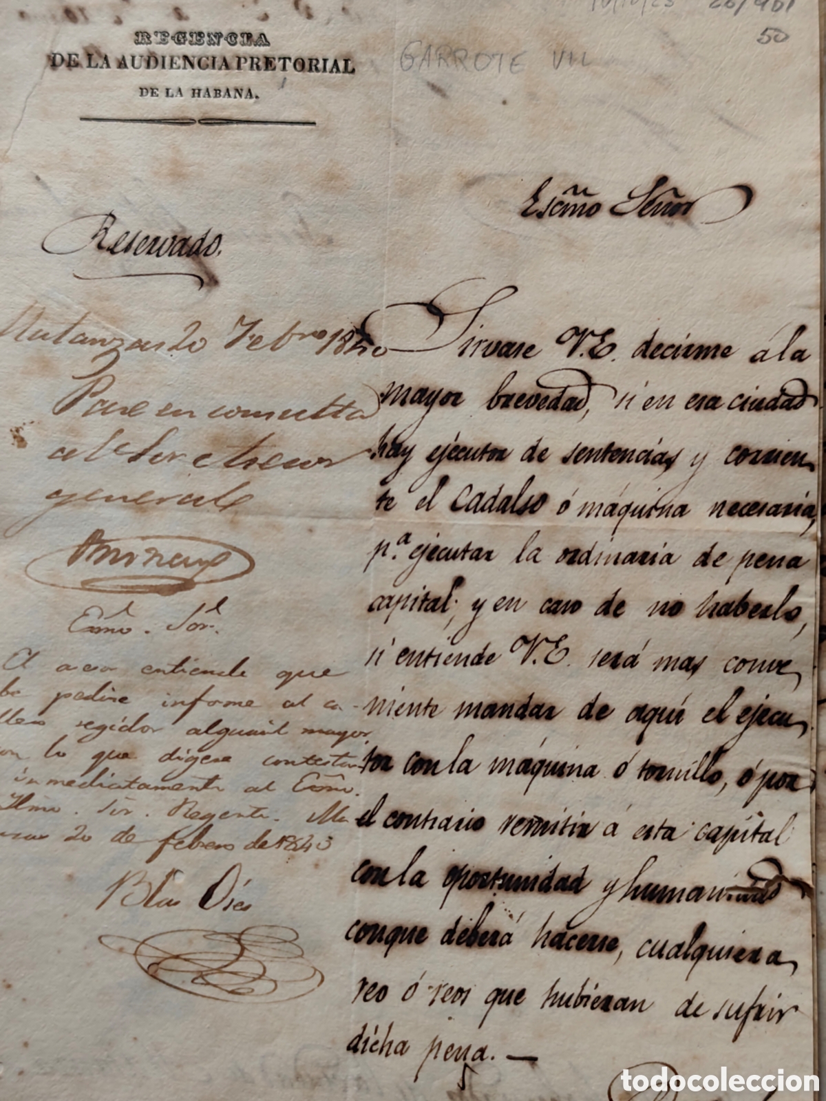Documentos antiguos: 26-901 CONSULTA SI EN ESTA CIUDAD HAY EL GARROTE VIL.