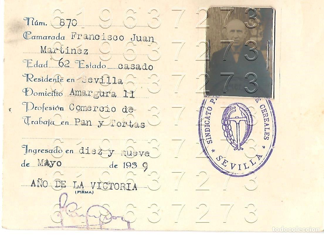 Documentos antiguos: SEVILLA FALANGE SINDICATO DE CEREALES CARNET PROVISIONAL 1939 M18