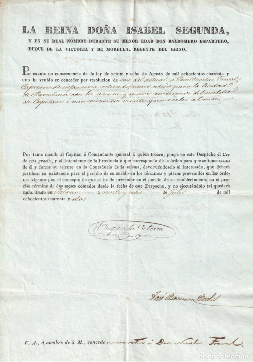 Documentos antiguos: Baldomero Espartero - Documento ORIGINAL A&ntilde;o 1842 - Regencia de la Reina Isabel II - Firmado
