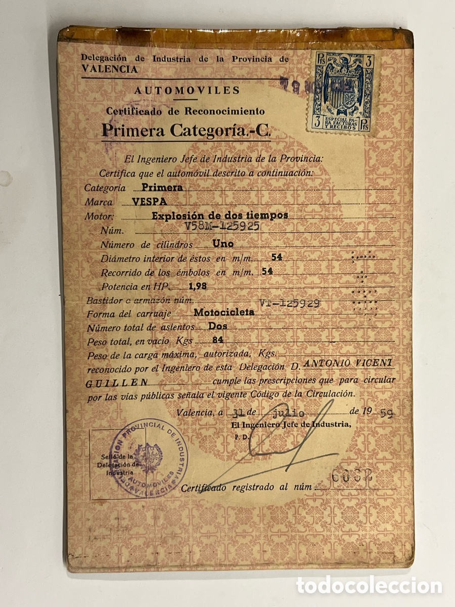Documentos antiguos: VESPA, Valencia.. Permiso de Circulaci&oacute;n. Agosto de 1959