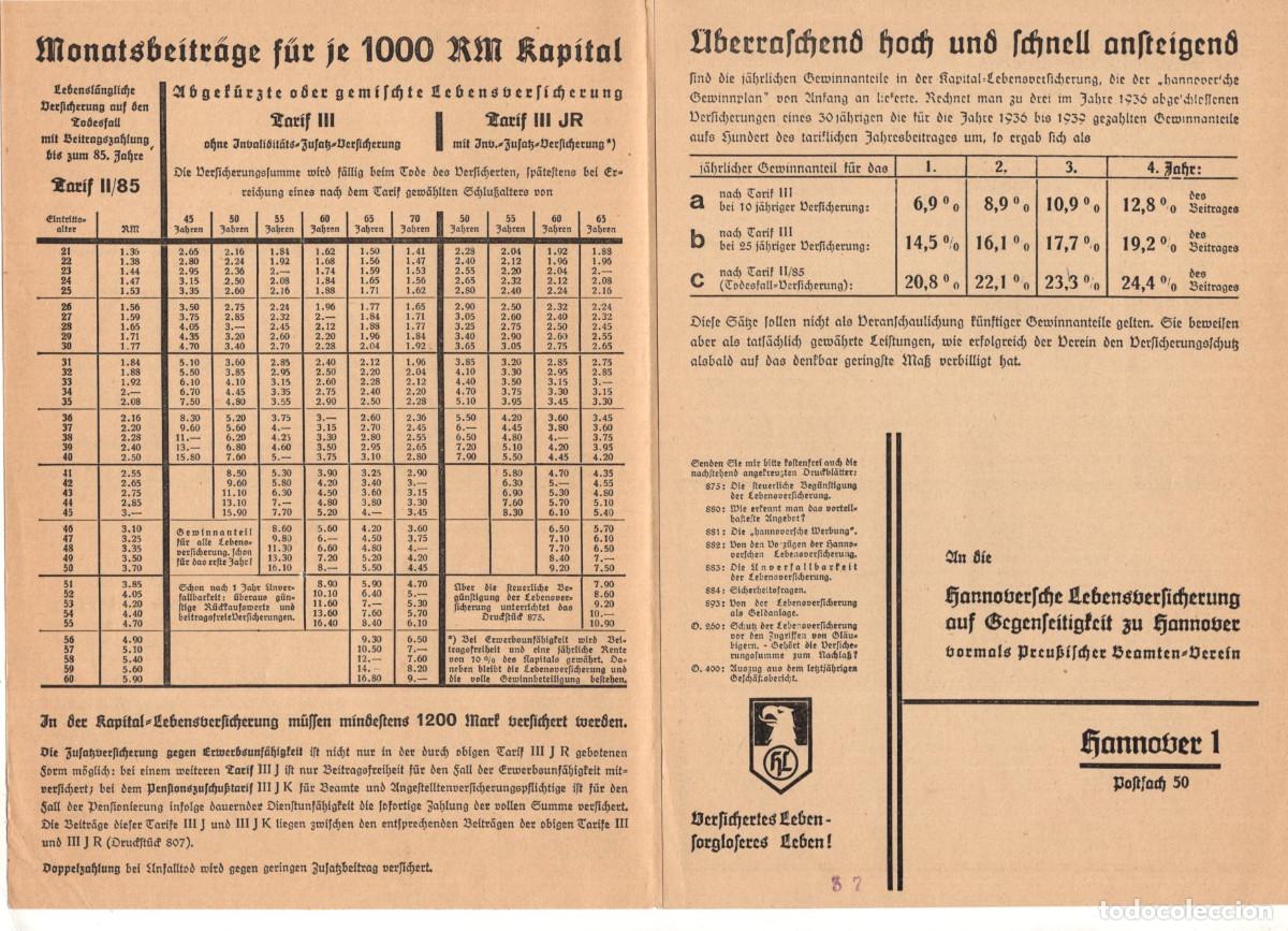 Documenti antichi: FOLLETO PUBLICITARIO ASEGURADORA ALEMANA DOCUMENTO TABLAS DE CONTRIBUCI&Oacute;N PARA SEGUROS DE VIDA. 1941