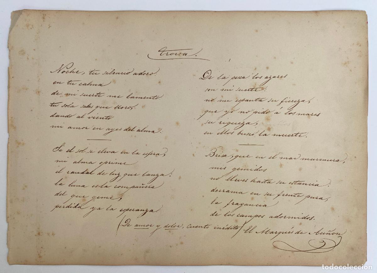 Documentos antiguos: AU&Ntilde;&Oacute;N, El Marqu&eacute;s de. Enrique Ram&iacute;rez de Saavedra y Cueto. Trova. Poema aut&oacute;grafo. Hijo Duque Rivas.