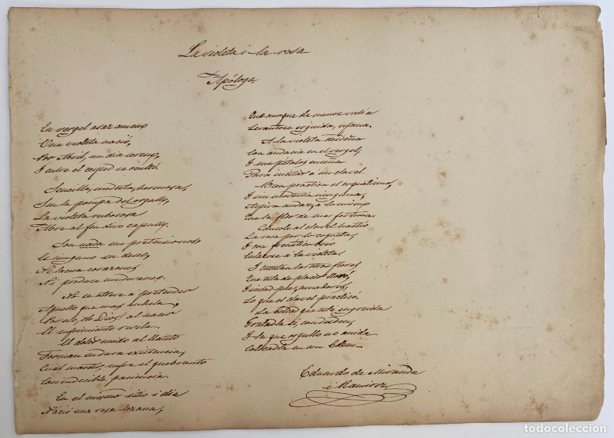 Documentos antiguos: PREMIO REAL, VIII Marqu&eacute;s de. Eduardo de MIRANDA Y RAMIREZ (1831-1870). Poema aut&oacute;grafo.