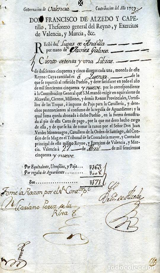 Documentos antiguos: 12374 FRANCISCO DE ALZEDO Y CAPETILLO RECIB&Iacute; DEL LUGAR DE ANDILLA (TESORERO GENERAL DEL REYNO)