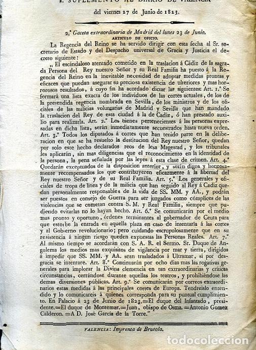 Documentos antiguos: SUPLEMENTO AL DIARIO DE VALENCIA 27 JUNIO 1823 SUCESOS DE SEVILLA MUERTOS EN EL PUENTE DE TRIANA
