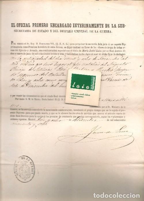 Documentos antiguos: documento ,concede la condecoraci&oacute;n especial con el t&iacute;tulo de MARIA ISABEL LUISA 1858 rr