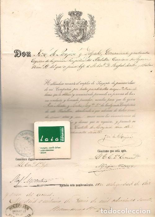 Documentos antiguos: Jose de Sanjose y Delgado comandante Batall&oacute;n cazadores Segorbe, 1860 concede a JOSE MATEU Y RUBIO