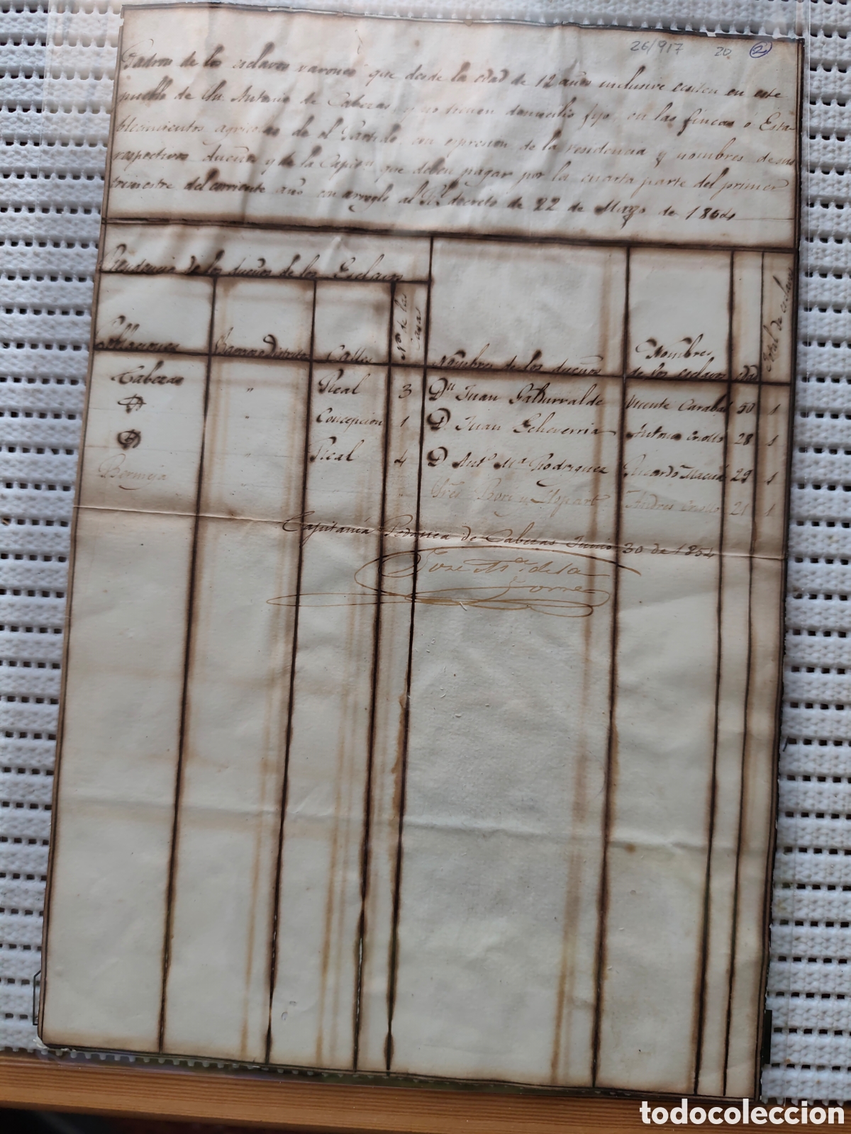 Documentos antiguos: 26-917 PADRON DE ESCLAVOS VARONES QUE DESDE LA EDAD DE 12 A&Ntilde;OS EXISTEN EN ESTE PUEBLO.