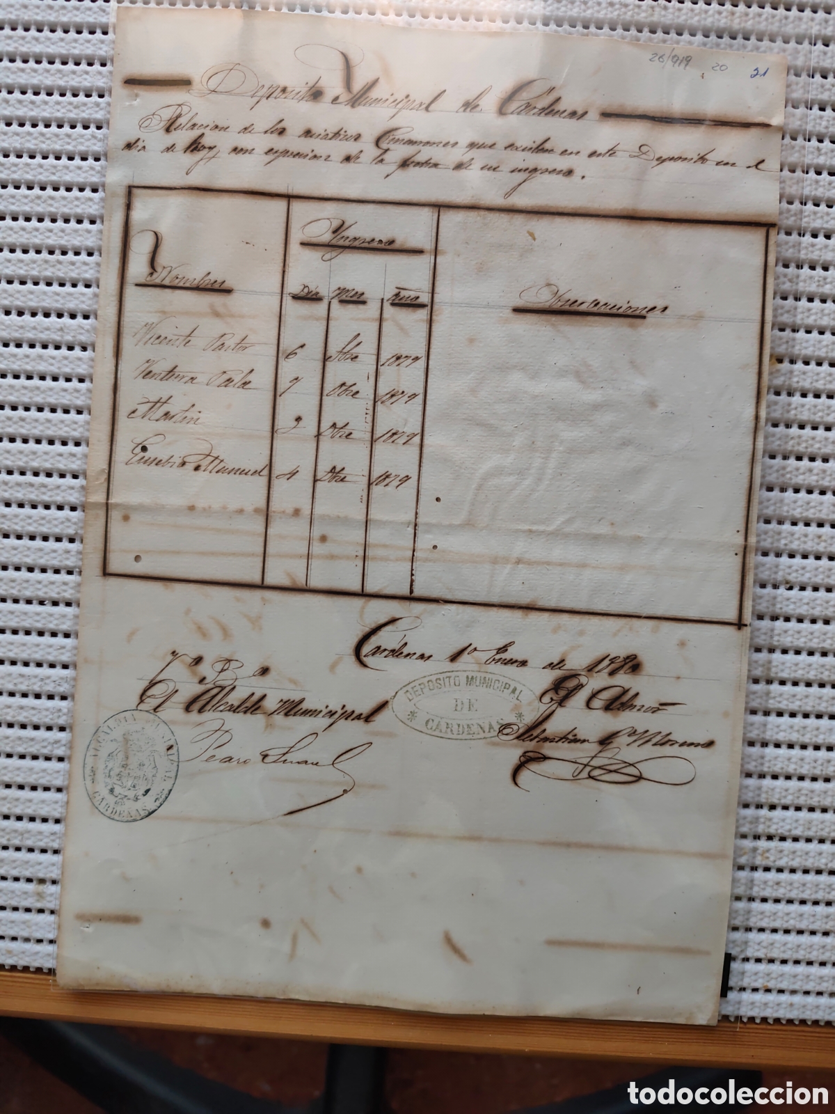 Documentos antiguos: 26-919 N&ordm; DE ASI&Aacute;TICOS CIMARRONES EN EL DEP&Oacute;SITO MUNICIPAL.