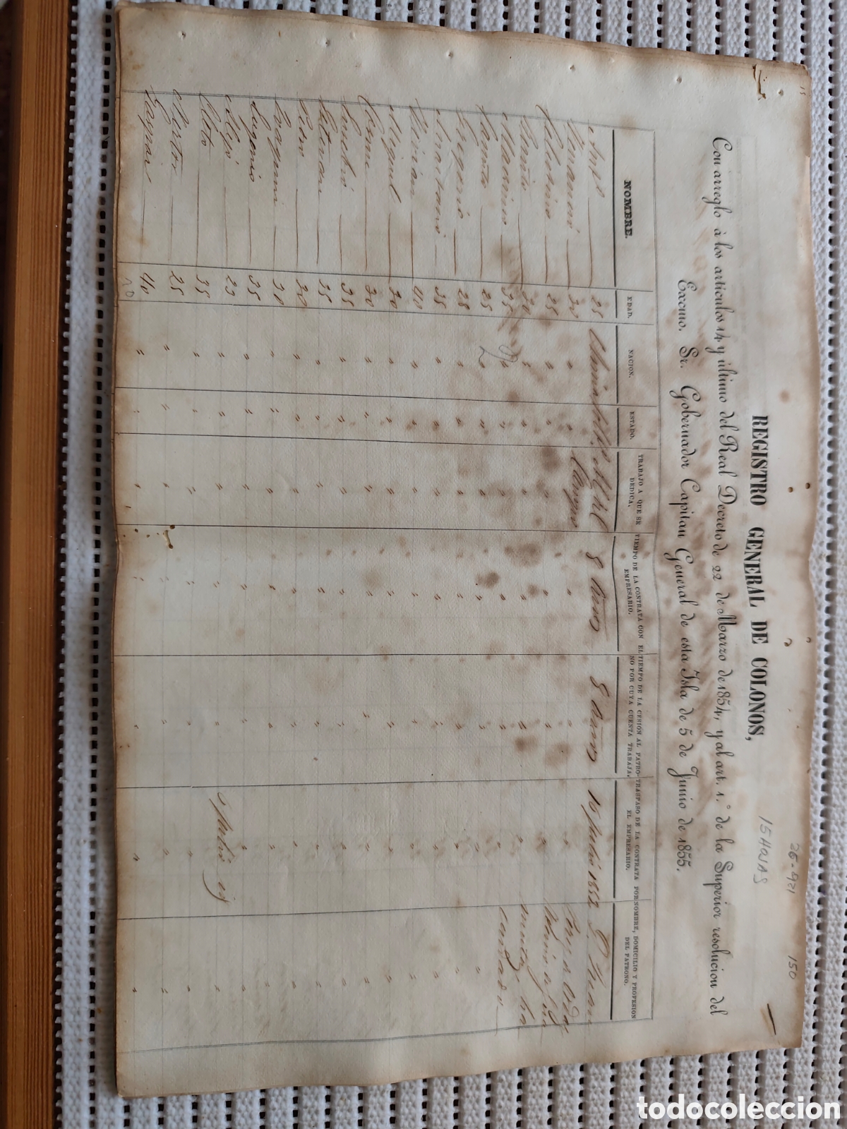 Documentos antiguos: 26-921 REGISTRO GENERAL DE COLONOS CHINOS,SEGUN REAL DECRETO.