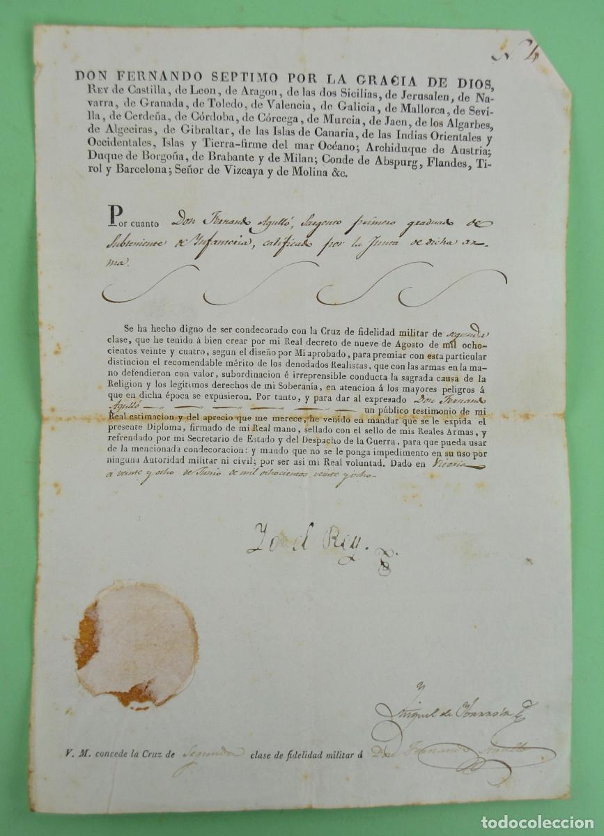 Documentos antiguos: DOCUMENTO FIRMADO REY FERNANADO VII. CRUZ DE FIDELIDAD MILITAR DE SEGUNDA CLASE.