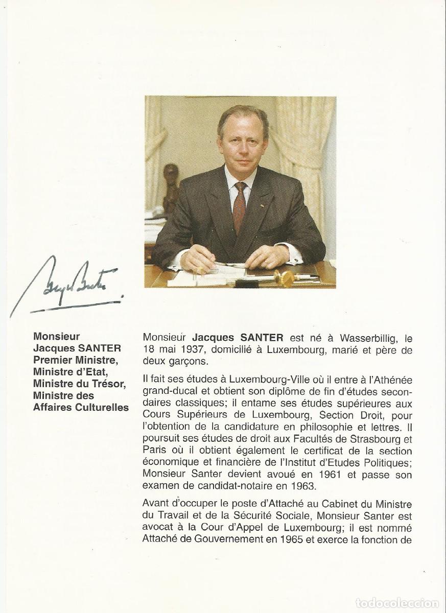 Documentos antiguos: Jacques Santer. Primer Ministro Luxemburgo (1984-1995). 1994. Folleto firmado. D&iacute;ptico papel.