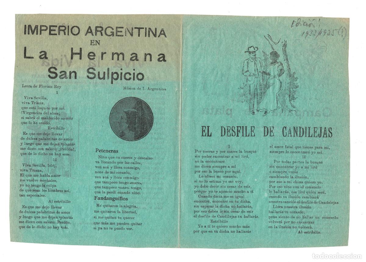 Documenti antichi: CANCIONES POPULARES, IMPERIO ARGENTINA EN LA HERMANA SAN SULPICIO.