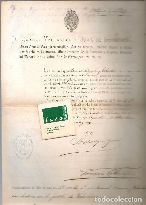 Documentos antiguos: CARLOS DE VALCARCEL capit&aacute;n general Cartagena concede plaza de cabo de mar MANUEL DAMI&Aacute; 1886