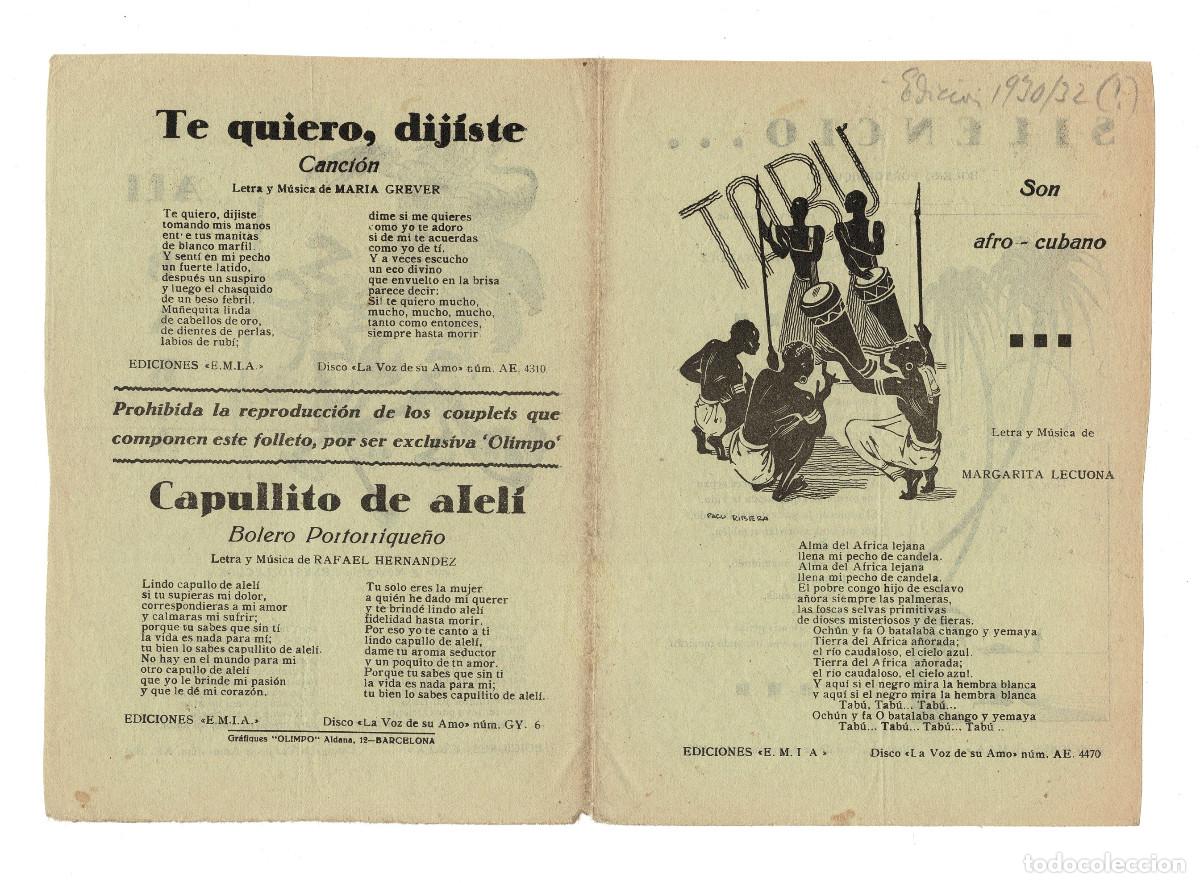 Documentos antiguos: CANCIONES POPULARES, MU&Ntilde;EQUITA LINDA, CAPULLITO DE ALEL&Iacute;, SILENCIO, ALI BAB&Aacute;.