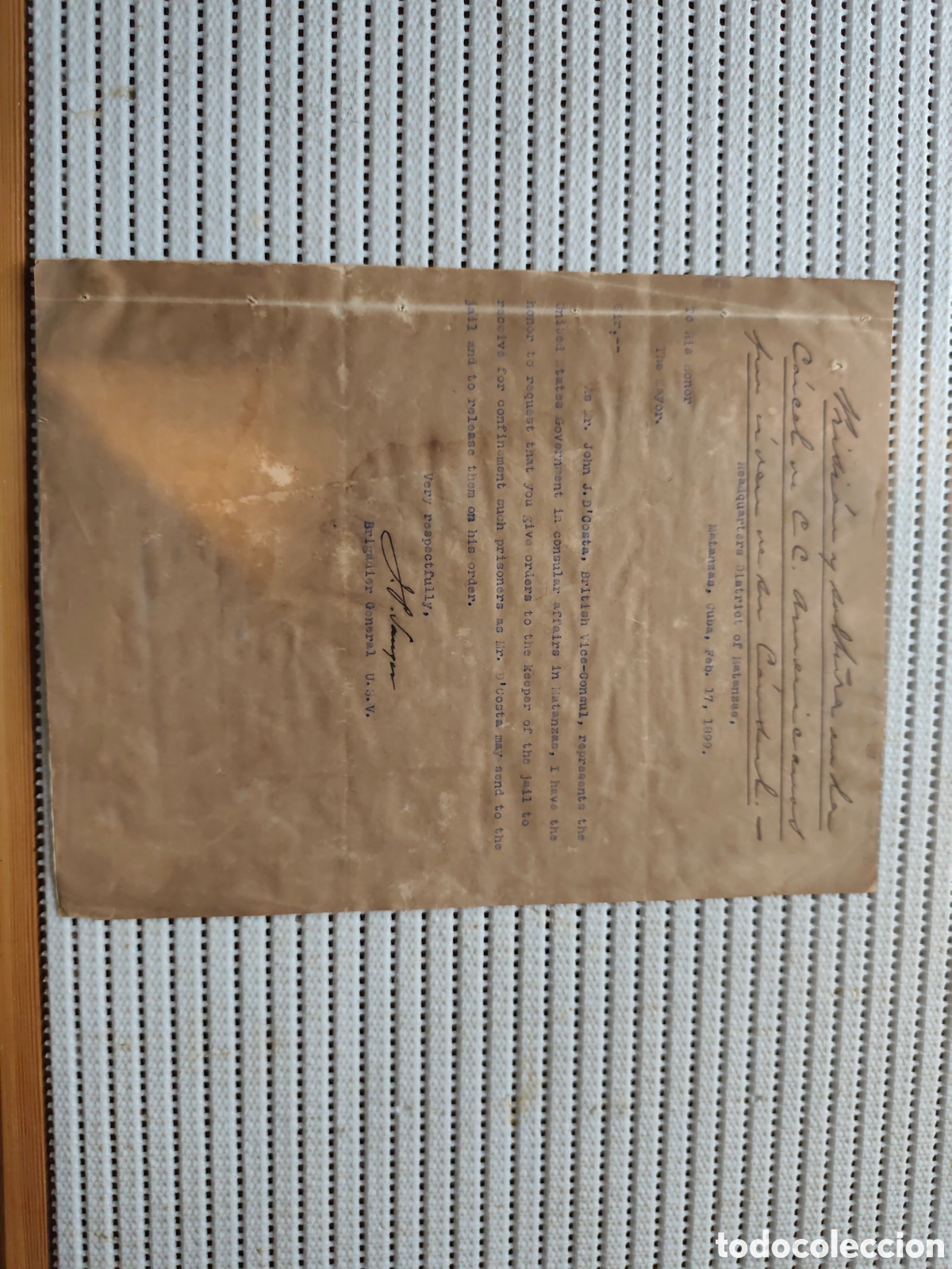 Documentos antiguos: 26-928 EL GENERAL FANGER AUTORIZA QUE EL SR.D'COSTA DE ORDENES EN LA CARCEL.