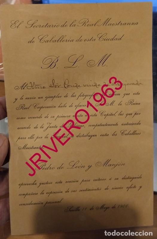 Documentos antiguos: REAL MAESTRANZA DE SEVILLA, 1908, ENVIO ALBUM OFRECIDO A LA REINA EN SU PRIMERA VISITA
