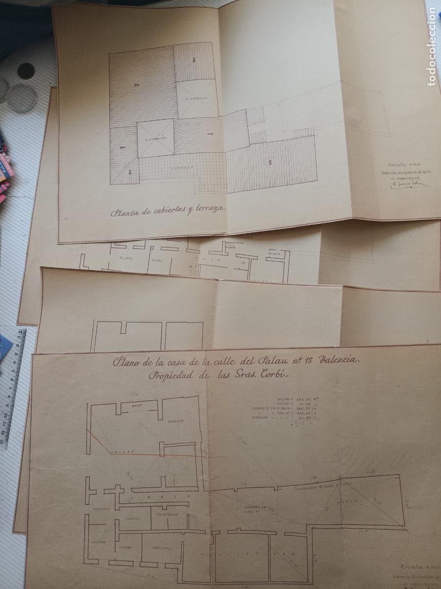 Documentos antiguos: 4 planos por plantas de edificio calle Palau 15, Valencia. Propiedad de las Sras. Corb&iacute;, 1950