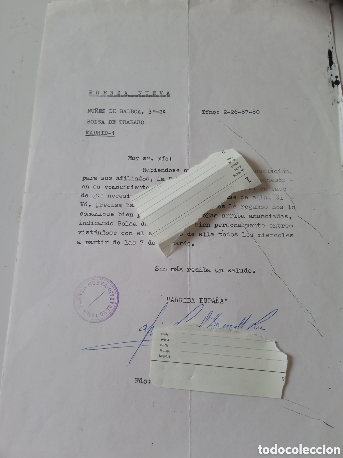 Documentos antiguos: Documento original fuerza nueva bolsa de trabajo
