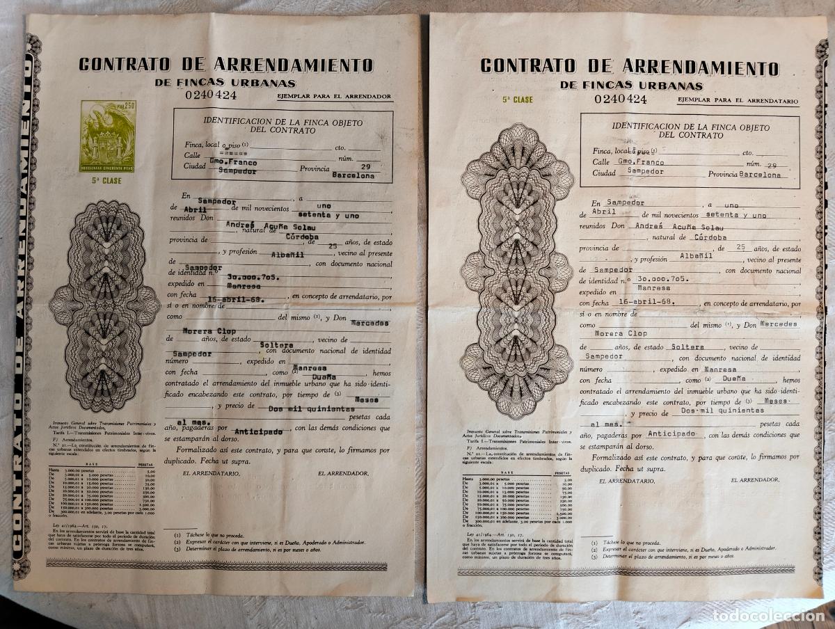 Documentos antiguos: Contrato de arrendamiento de fincas urbanas Sampedor Santpedor Manresa a&ntilde;os 60-70