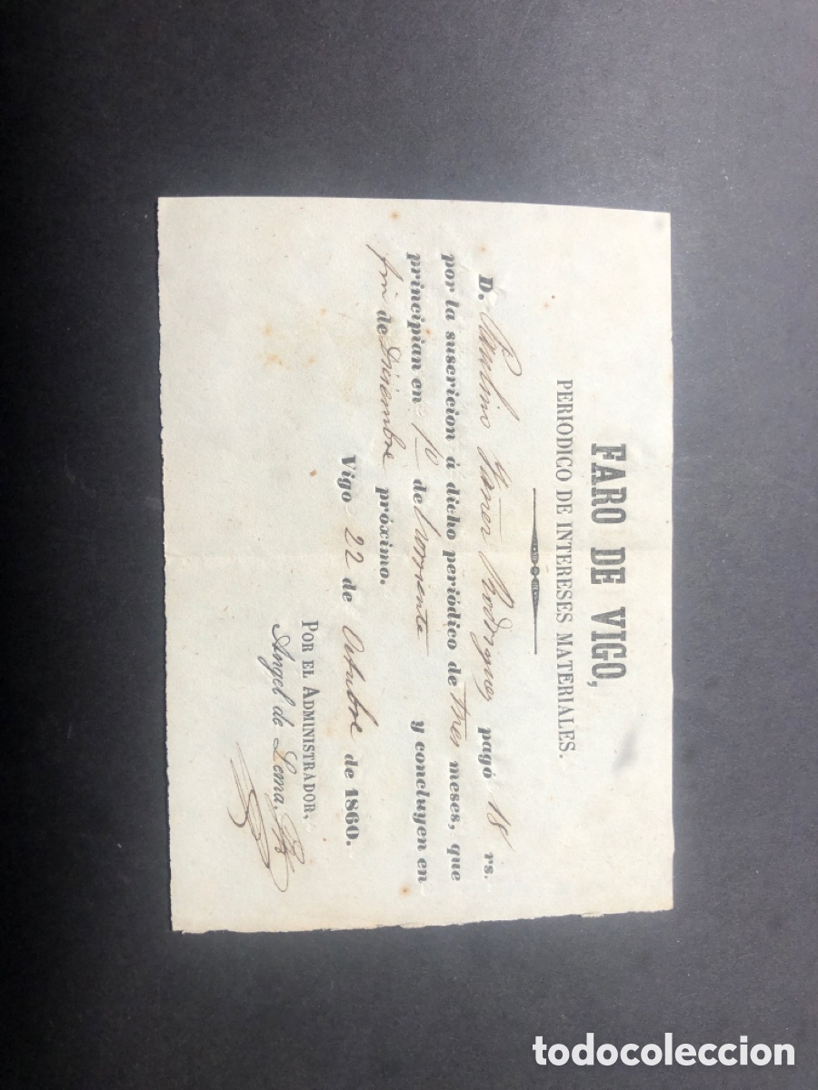 Documentos antiguos: Antiguo y raro recibo de suscripci&oacute;n a FARO DE VIGO 1860