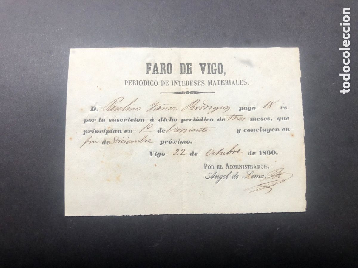 Documentos antiguos: Antiguo y raro recibo de suscripci&oacute;n a FARO DE VIGO 1860
