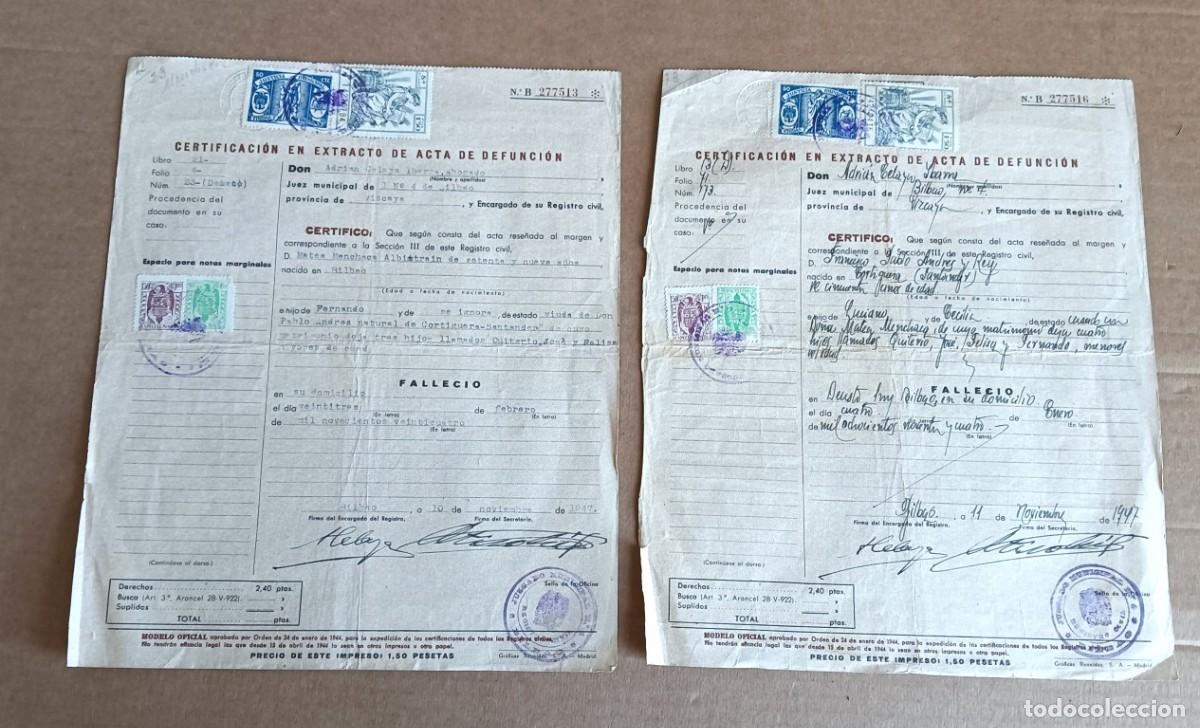 Documentos antiguos: 2 certificaci&oacute;n del extracto de alta defunci&oacute;n - Bilbao 1947