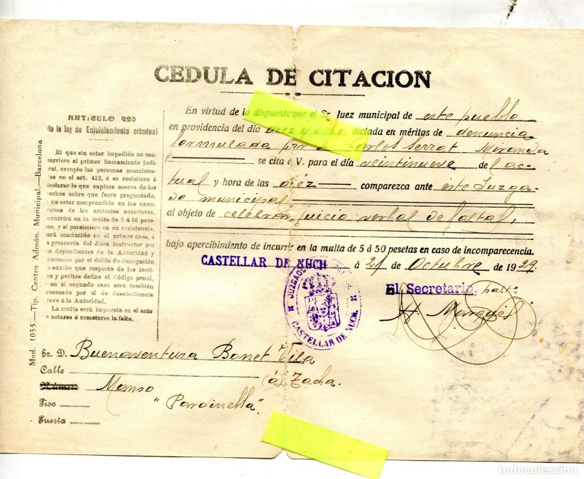 Documentos antiguos: CEDULA DE CITACION SELLO CASTELLAR DE N'HUG N'HUCH A&Ntilde;O 1929 JUICIO VERBAL DE FALTAL ORAL