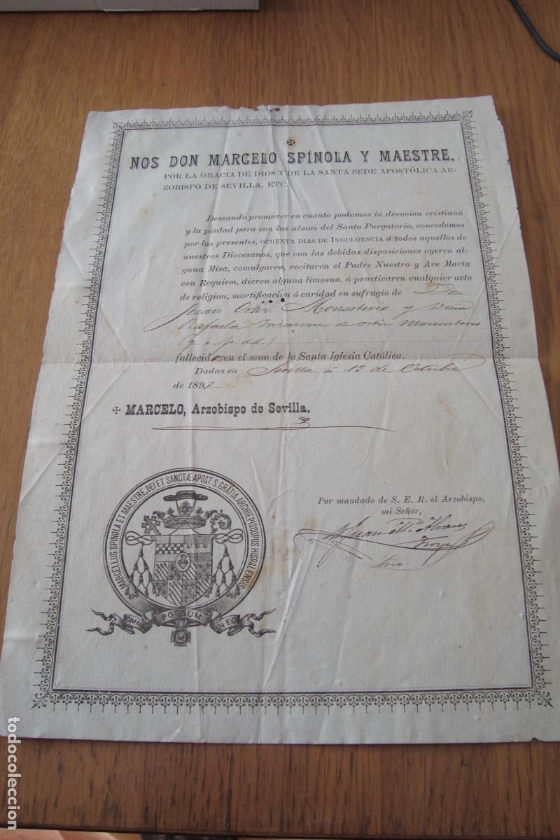 Documentos antiguos: RELIGION INDULGENCIAS ARZOBISPO SEVILLA FIRMA MARCELO SPINOLA MAESTRE 1898. JUAN ORTIZ MONASTERIO